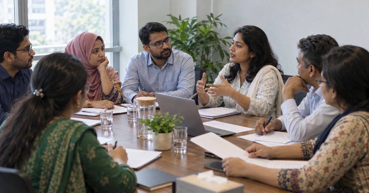 Participants at a Bangladesh policy meeting discussing tobacco control.