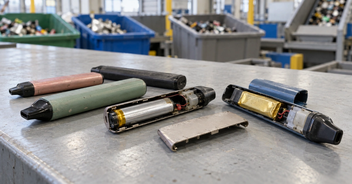Unbranded disposable vape devices arranged beside a waste-sorting surface.