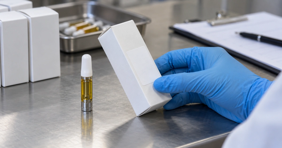 A gloved hand checks an unbranded vape cartridge and its batch label during a product safety inspection.