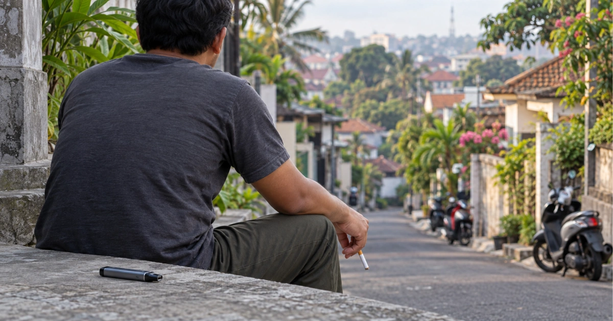 An adult on an Indonesian city street beside a conventional cigarette and an e-cigarette device.