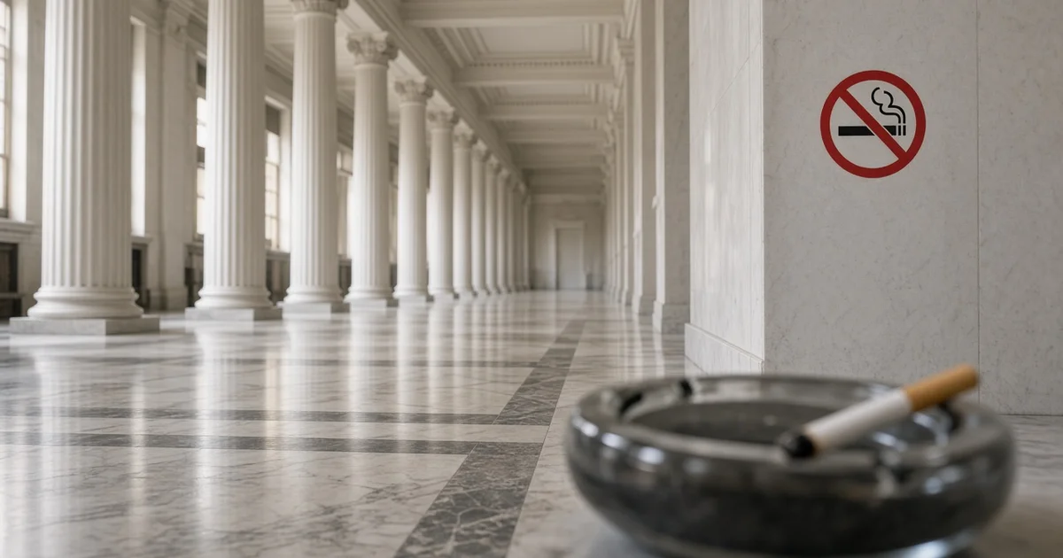 Empty marble parliament corridor with a no-smoking sign and an ashtray in the foreground