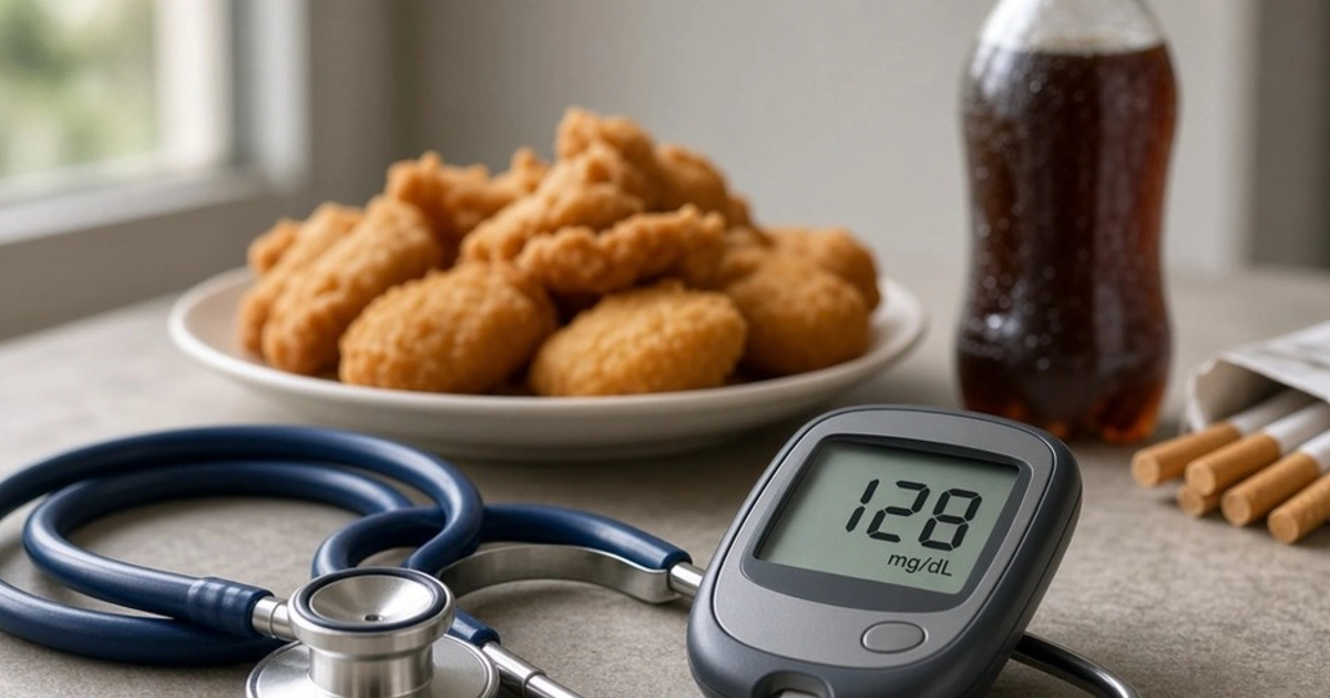 Stethoscope and blood glucose meter beside fried food, a sugary drink and cigarettes, showing risk factors for non-communicable diseases