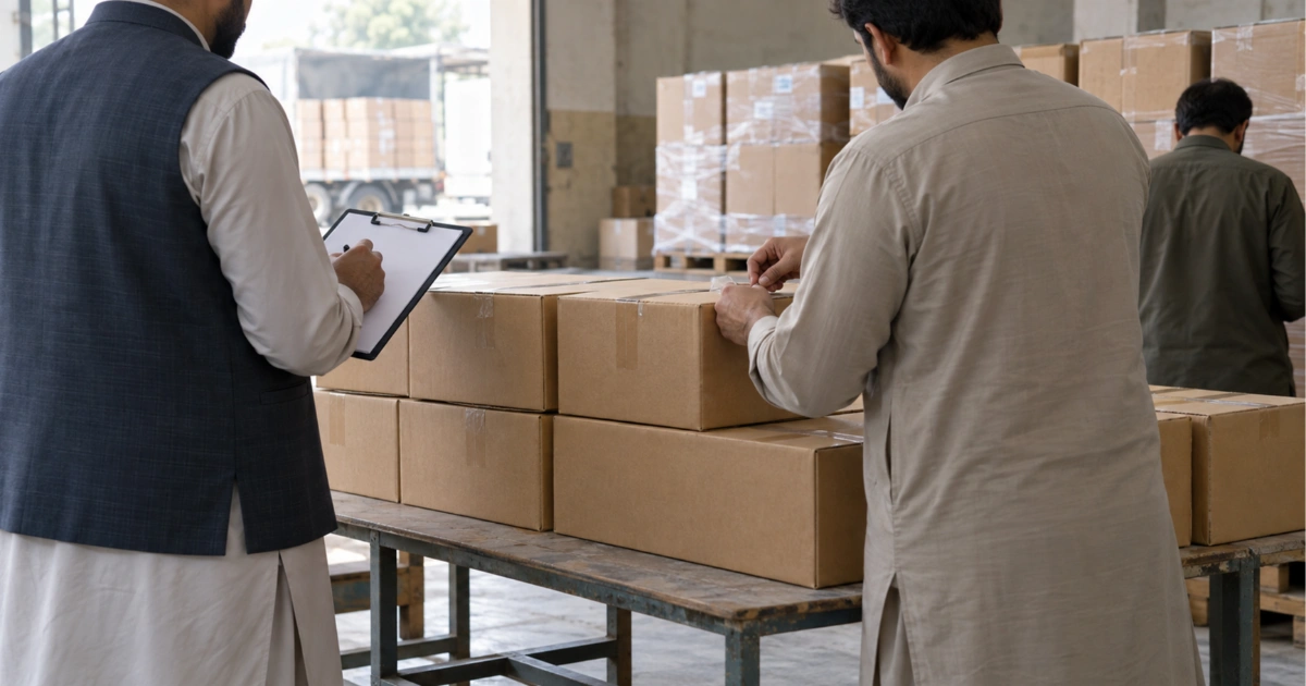 Cigarette cartons being checked during an enforcement inspection in Pakistan.