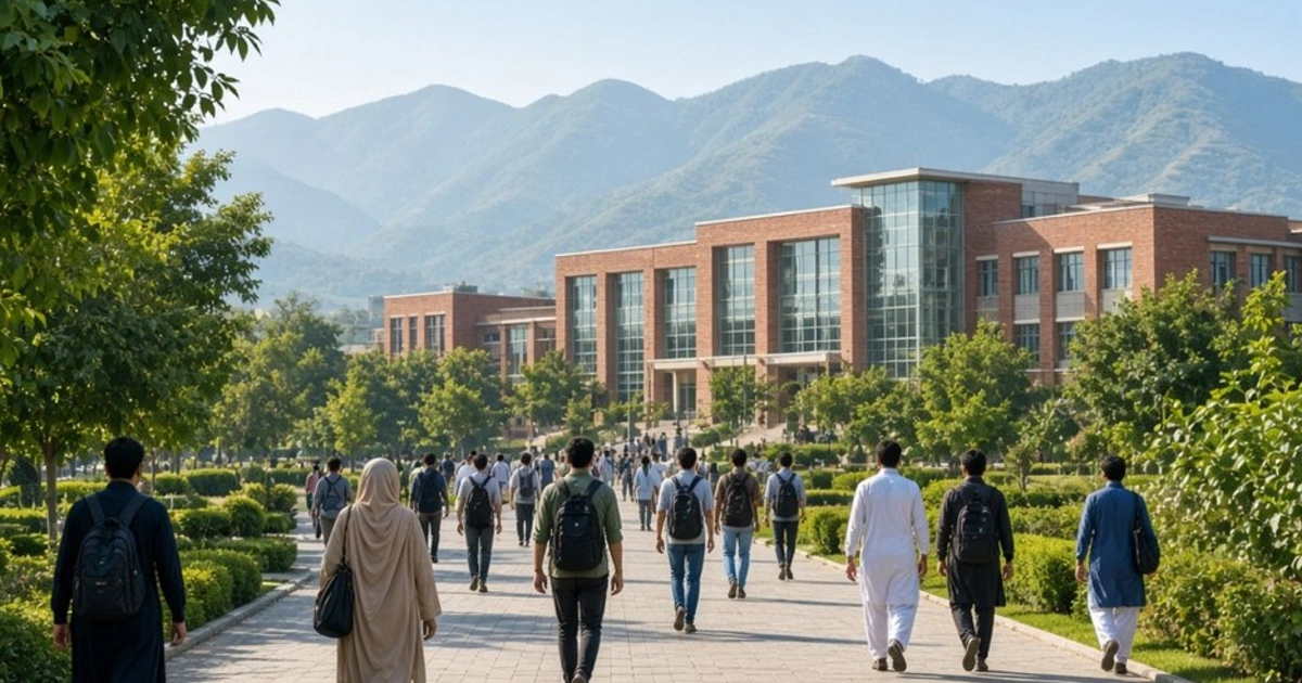 Students walking along a tree-lined pathway on a university campus in Islamabad with the Margalla Hills behind