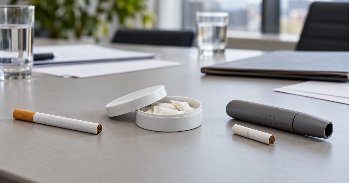 An unlit cigarette beside generic nicotine products, illustrating debate over relative risks and regulation.