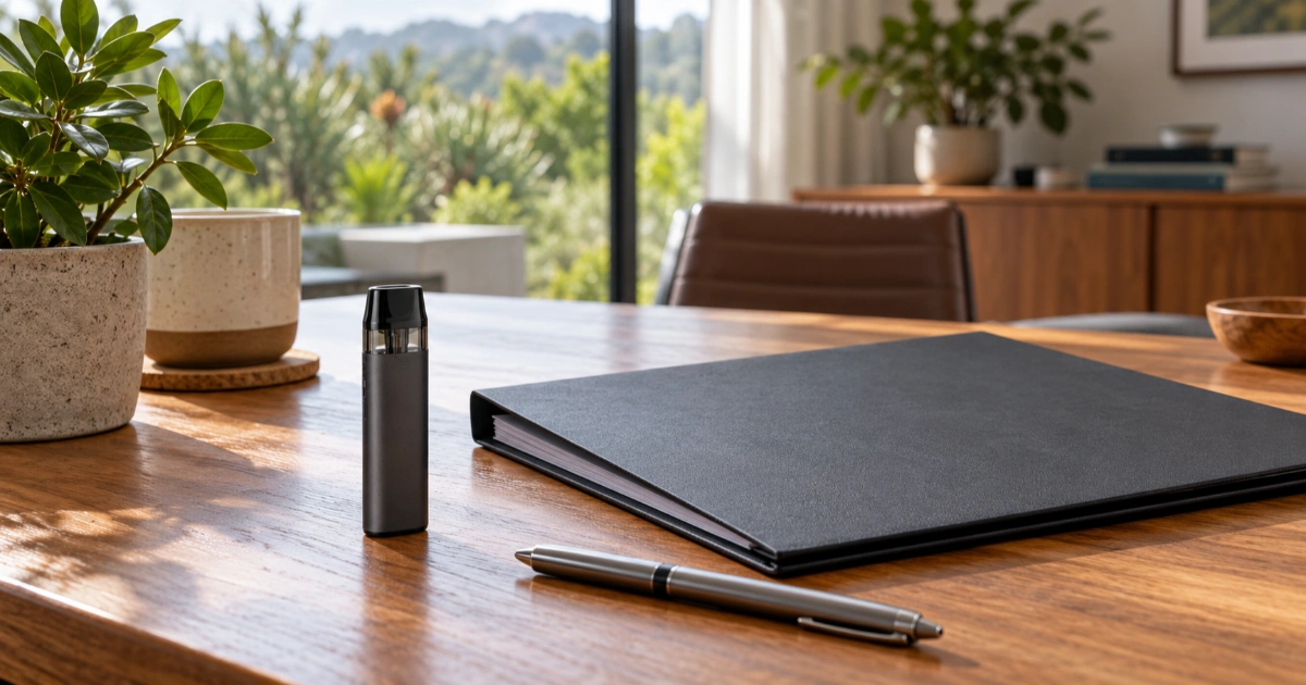 An unbranded vape device beside an insurance folder on a desk.
